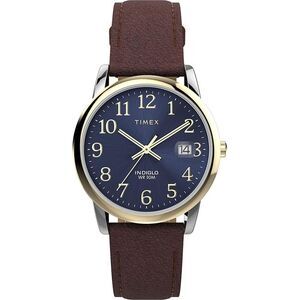 Timex Mens Easy Reader 35mm Watch - Brown Strap Blue Dial Silver-Tone Case